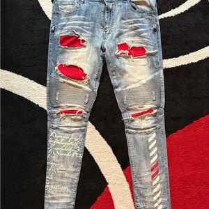 Decibel Jeans Moto Red Patch Distressed Paint Splatter 38x32 Vintage